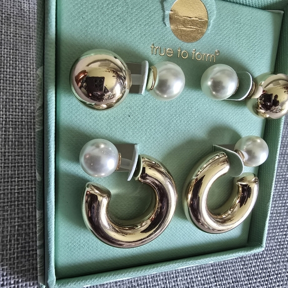 2 Pairs of True to Form Gold Hoop Faux Pearl Ball Earrings. - Picture 2 of 3